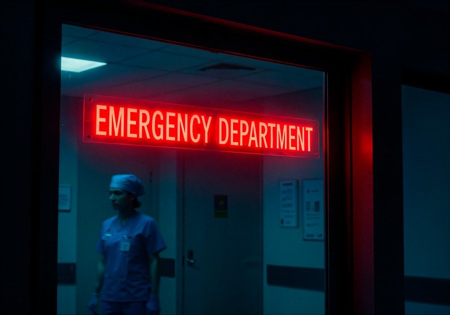Emergency department entrance with illuminated emergency sign and healthcare professional