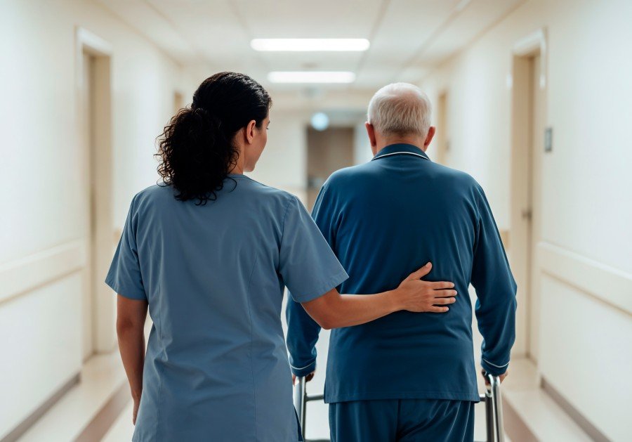Healthcare professional assisting an elderly patient while walking in a nursing home corridor