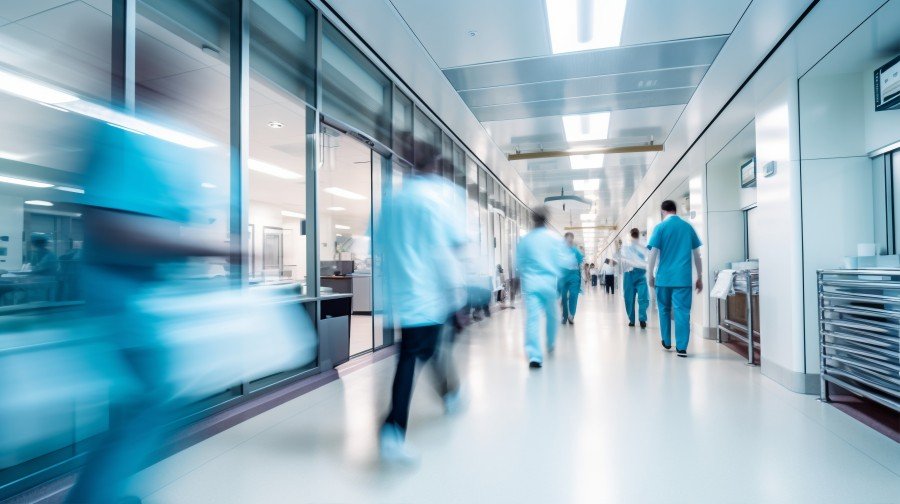 Hospital corridor with medical staff in blue scrubs walking through a brightly lit hallway, with motion blur.