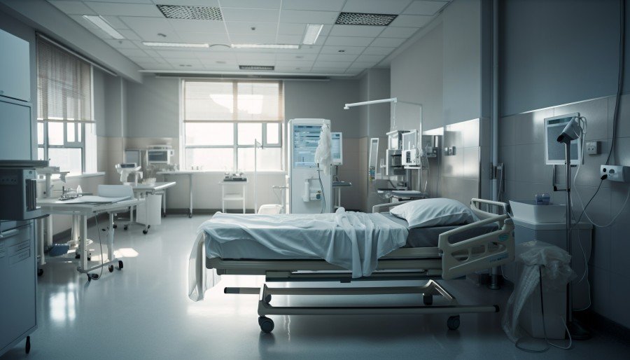 Modern hospital room with a clean patient bed and medical equipment
