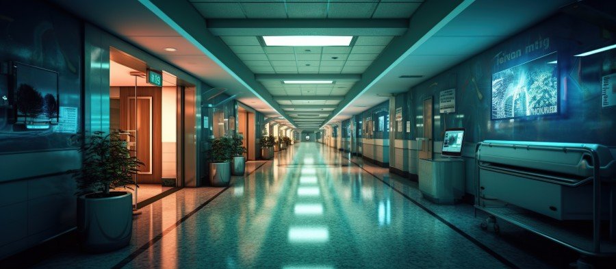 Modern hospital corridor with polished floors, teal lighting, patient rooms, plants, and medical equipment.